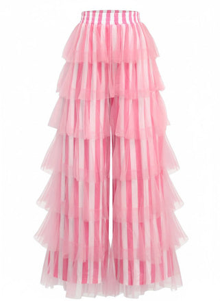 Pantalon à rayures verticales en maille et à volants étagés années 1970