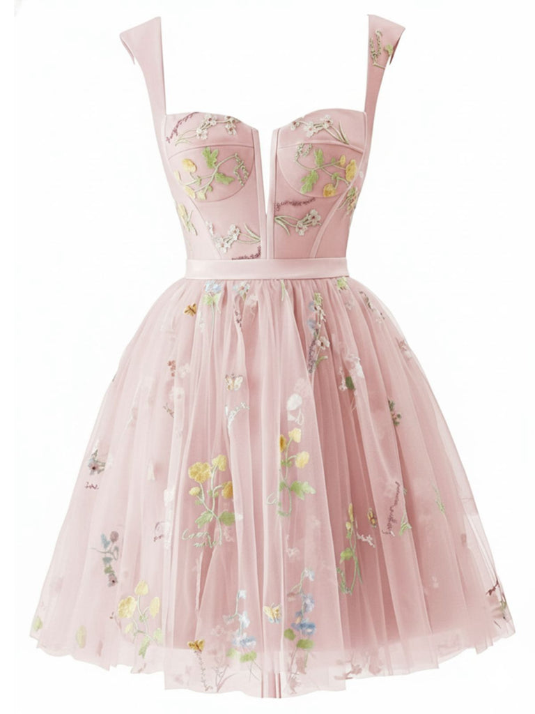 Robe courte verte en dentelle florale brodée années 1970