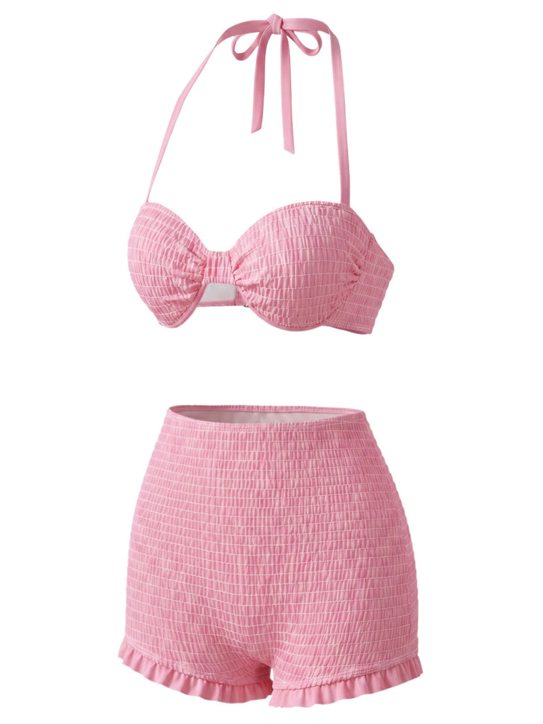 [Prévente] Ensemble Bikini Dos-Nu Smocké & Haut Cache-Maillot Fraise Rose Années 1950 5