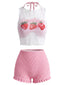 [Prévente] Ensemble bikini rose dos nu et smocks haut de plage motif fraises années 50