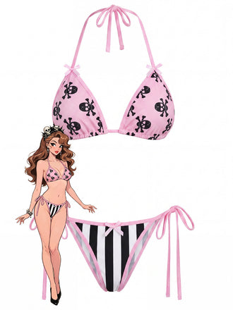 [Prévente] Gothique Crâne Imprimé Rayée Ensemble Bikini Rose Années 1980