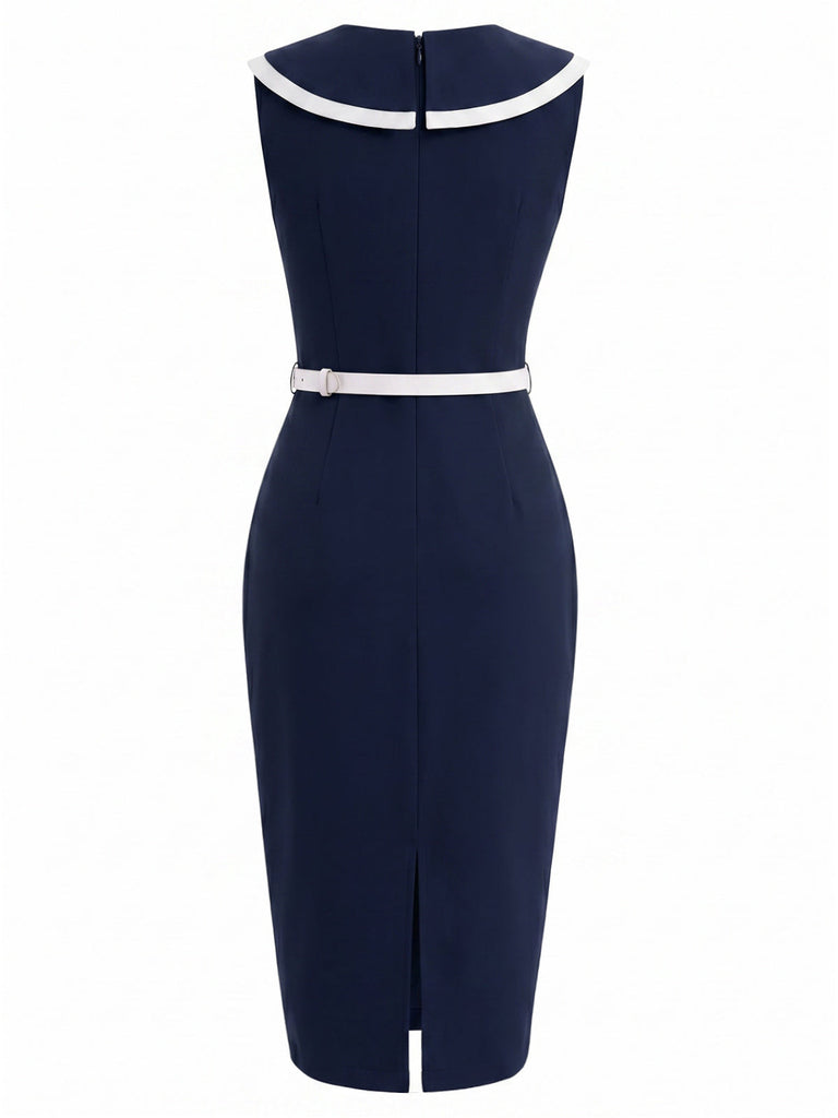 [Prévente] Robe Crayon Sans Manches à Revers Bleu Profond Années 60