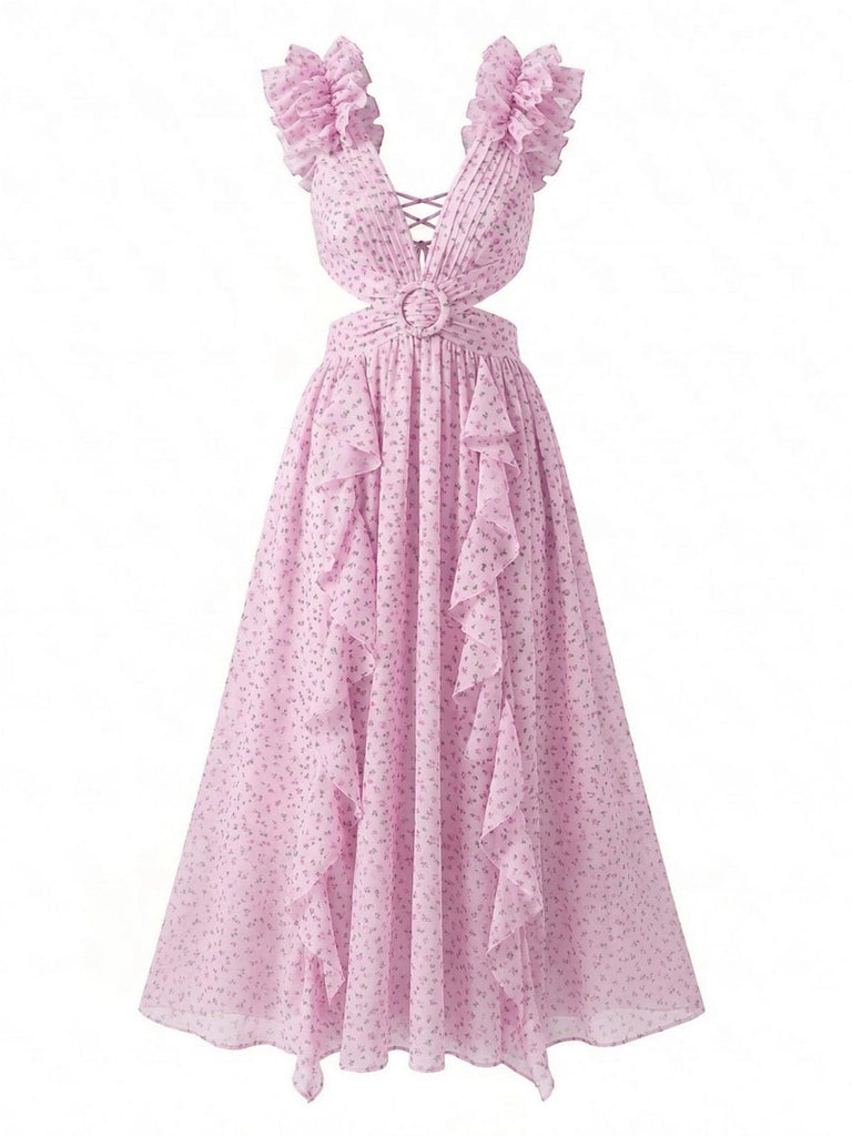 Pink 1930s Floral Ruffled Chiffon V-Neck Cutout Dress