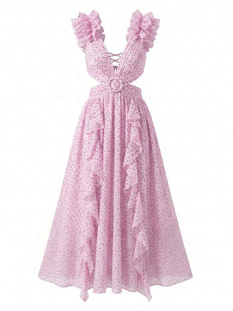 Pink 1930s Floral Ruffled Chiffon V-Neck Cutout Dress