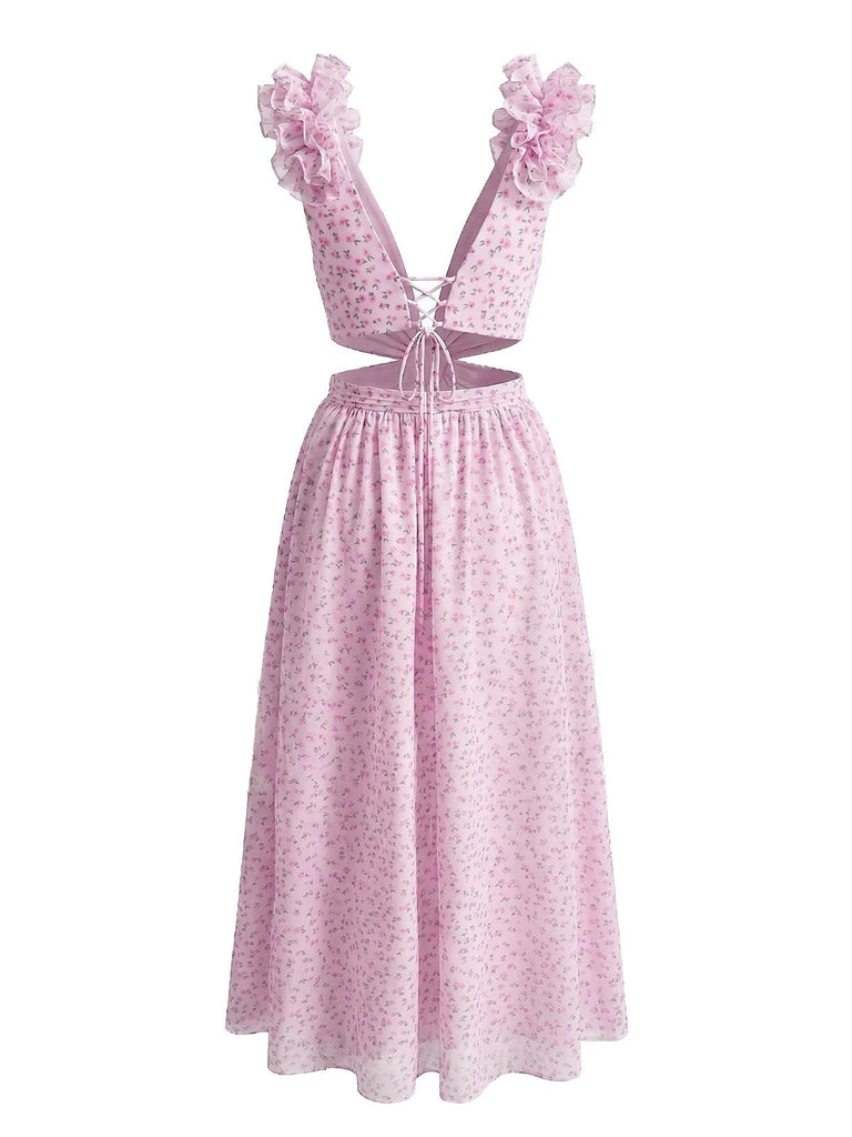 Pink 1930s Floral Ruffled Chiffon V-Neck Cutout Dress