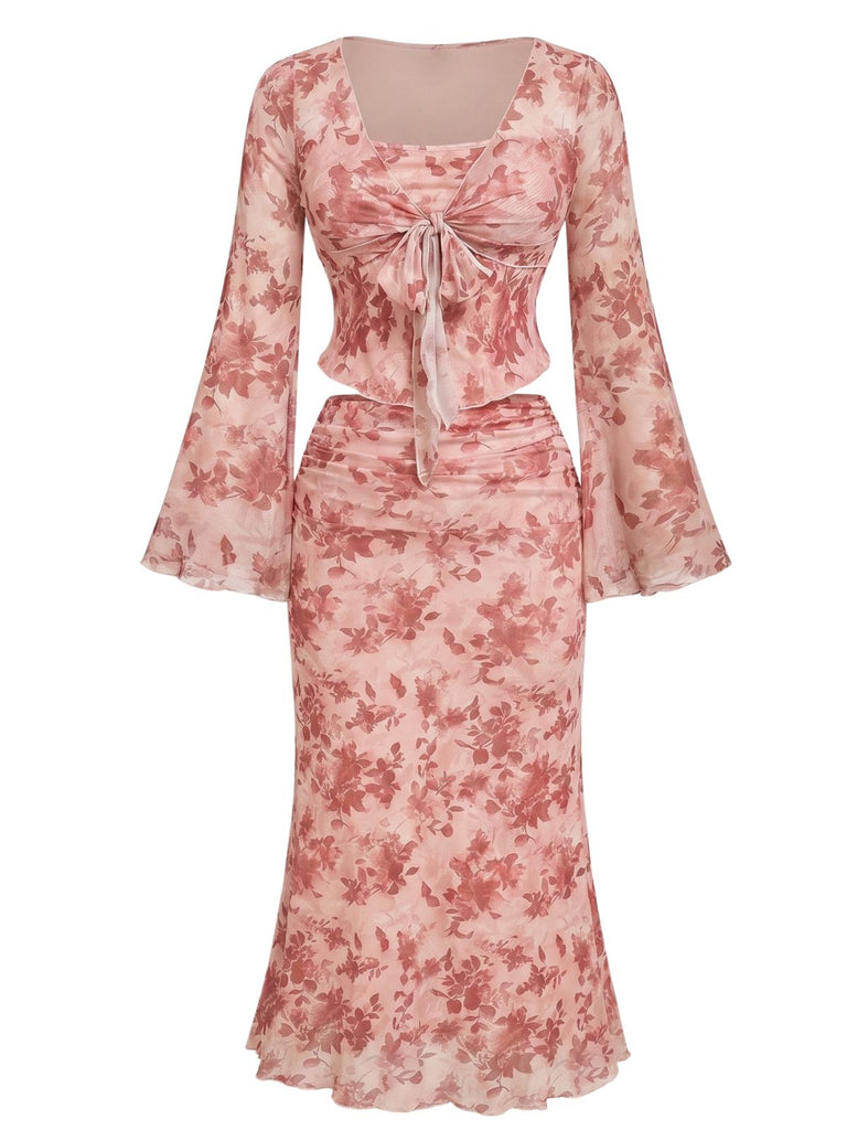 [Prévente] Robe Longue Florale Col en V Manches Bouffantes avec Ceinture années '70 2