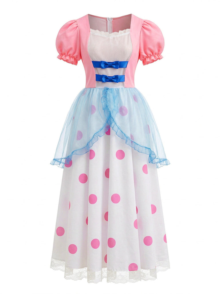 Robe à Pois Manches Bouffantes Cosplay Bo Peep Rose Années 1940