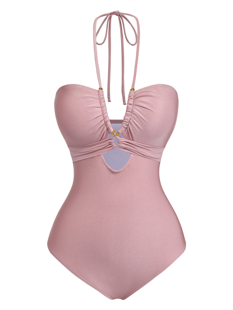 Rose Maillot de Bain Dos Nu à Anneau Métal Croisé années '40 2