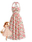 Robe rose motif floral dos nu et taille haute années 1940