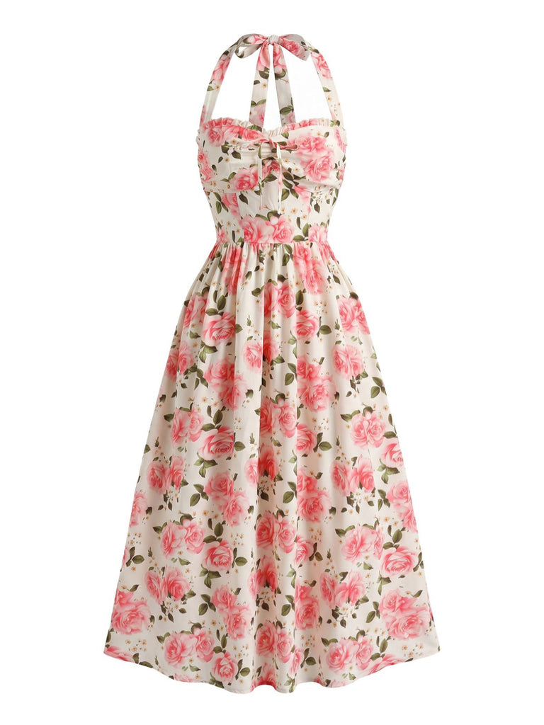 Florale Dos-Nu Taille Haute Robe Rose Années 1940 2