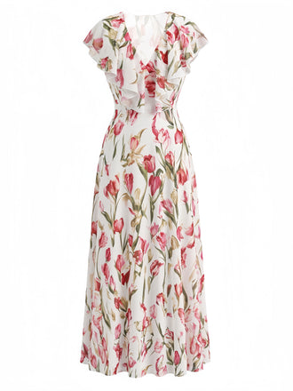 Robe Col V à Manches Volantées Imprimé Tulipe Rose Années 40
