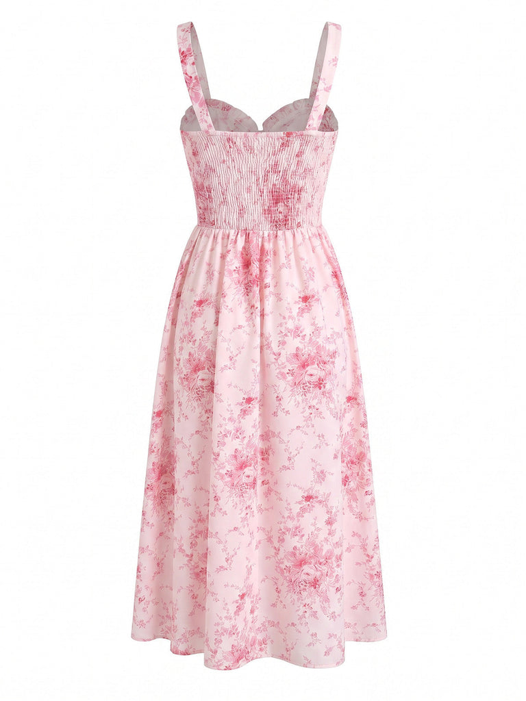 Robe Trapèze Florale Col en V Manches Longues avec Ceinture années '40 3
