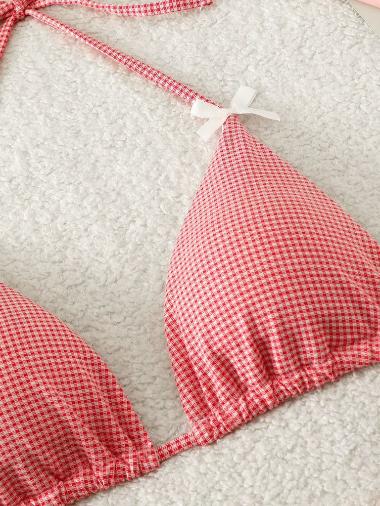Ensemble Bikini Taille Haute à Carreaux avec Nœud Rose Années 50