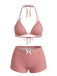 Ensemble Bikini Taille Haute à Carreaux avec Nœud Rose Années 50