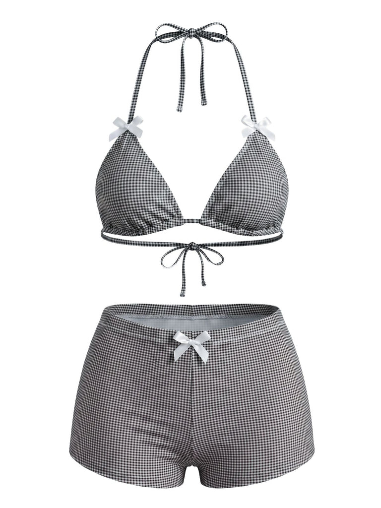 Ensemble Bikini Taille Haute à Carreaux avec Nœud Rose Années 50