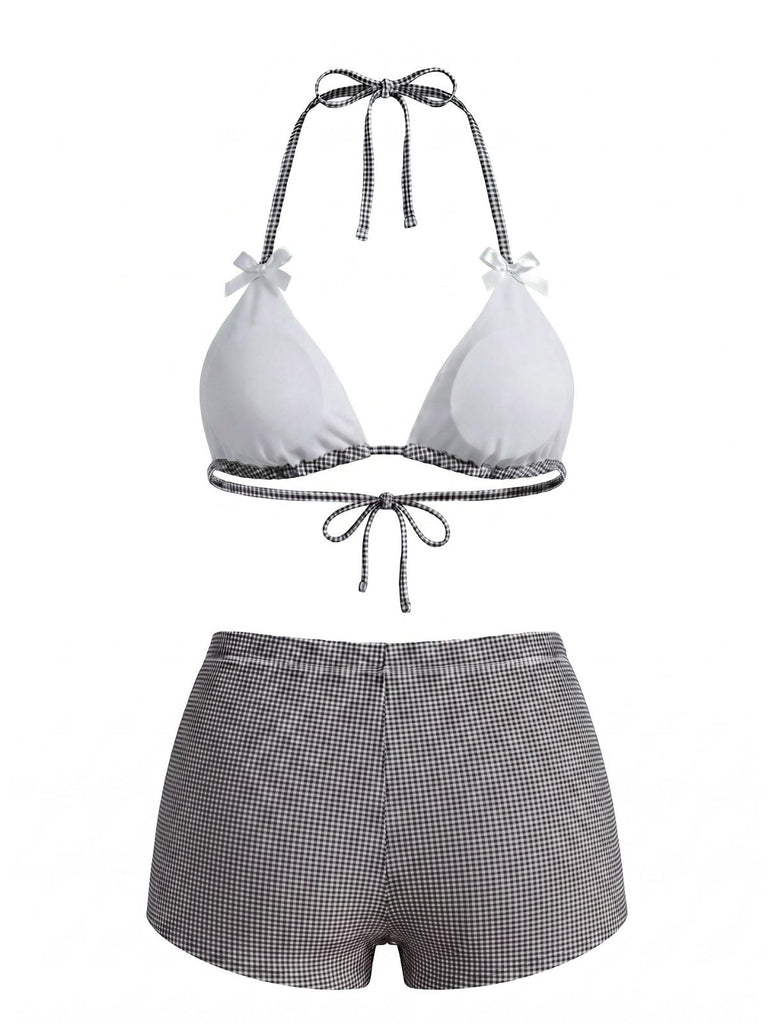 Ensemble Bikini Taille Haute à Carreaux avec Nœud Rose Années 50