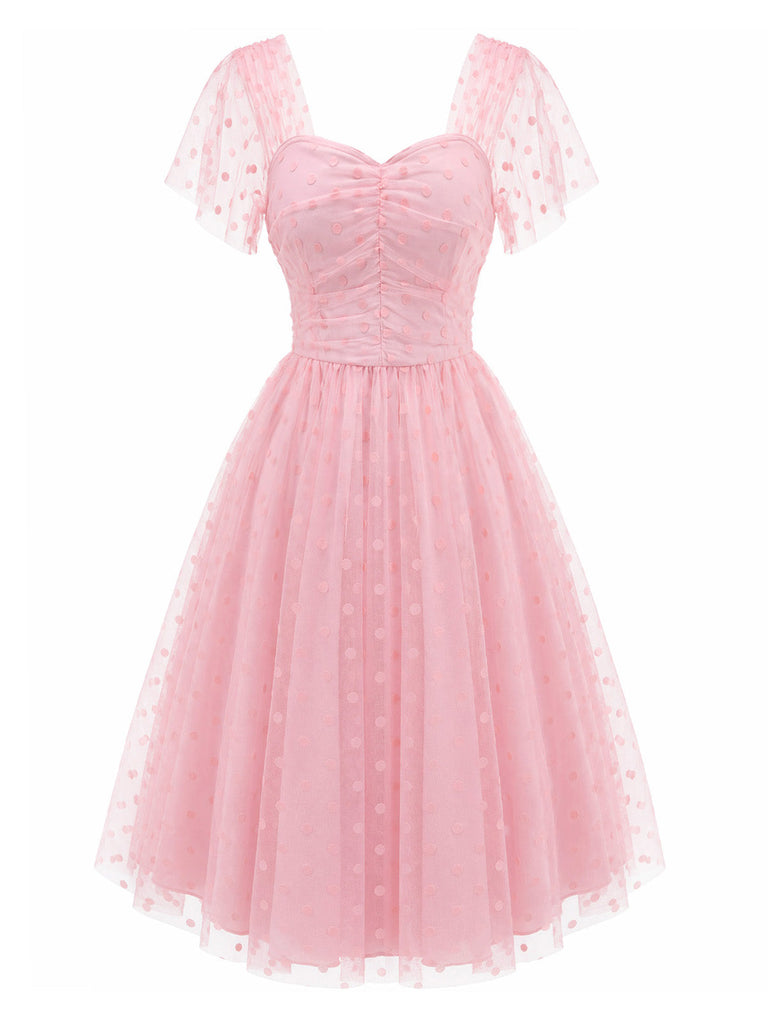 [Prévente] Robe à Pois Filet Col Cœur Rose Années 1950 2