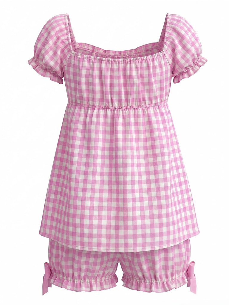 Ensemble Pyjama Vichy à Volants et Nœud Rose Années 1960