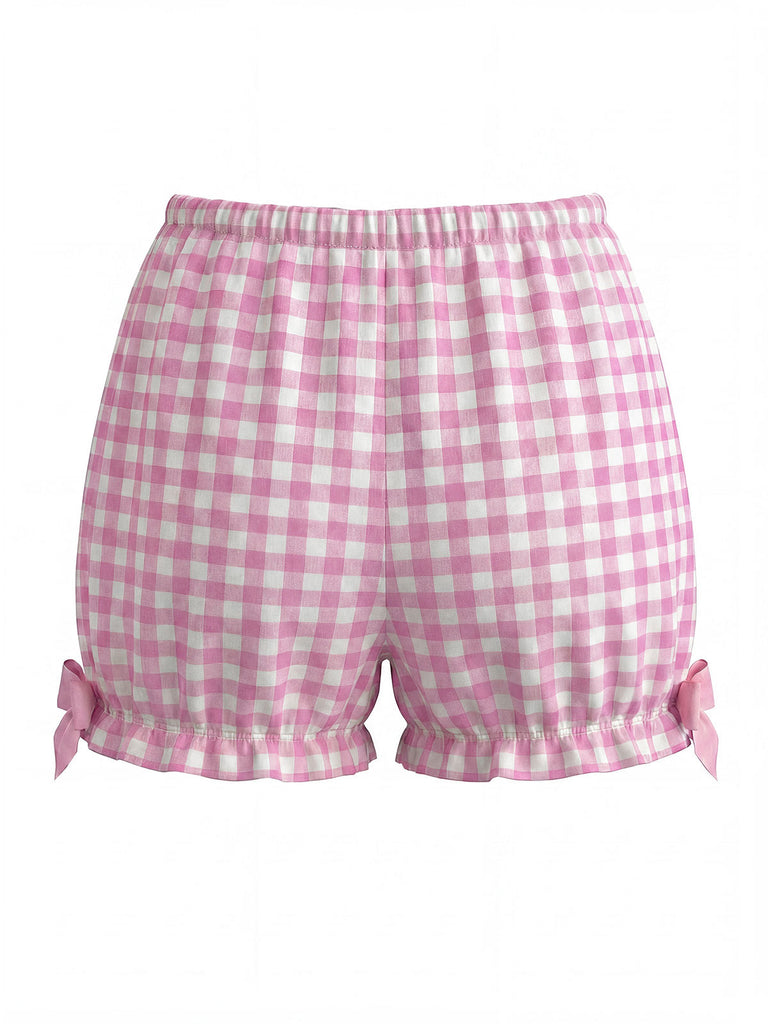 Ensemble Pyjama Vichy à Volants et Nœud Rose Années 1960