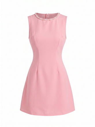 Robe Ligne A Sans Manches Col Rond avec Perles Rose Années 60