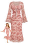 2PCS Ensemble jupe et haut manches évasées et motif floral rose années 1970