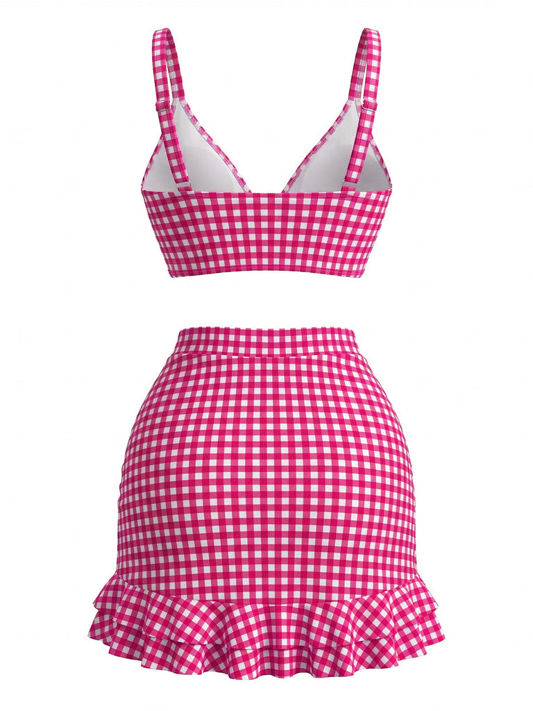 3PCS à Volants Ourlet à Carreaux Drawstring Ensemble Tankini Années 1950 8