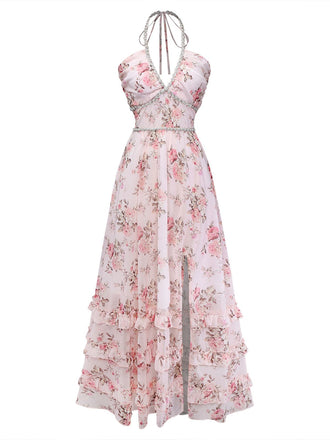 Robe longue rose à volants pur coton années 1930