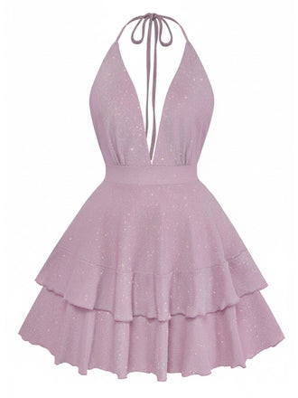 Mauve halter neck dress with ruffled layers on a white background