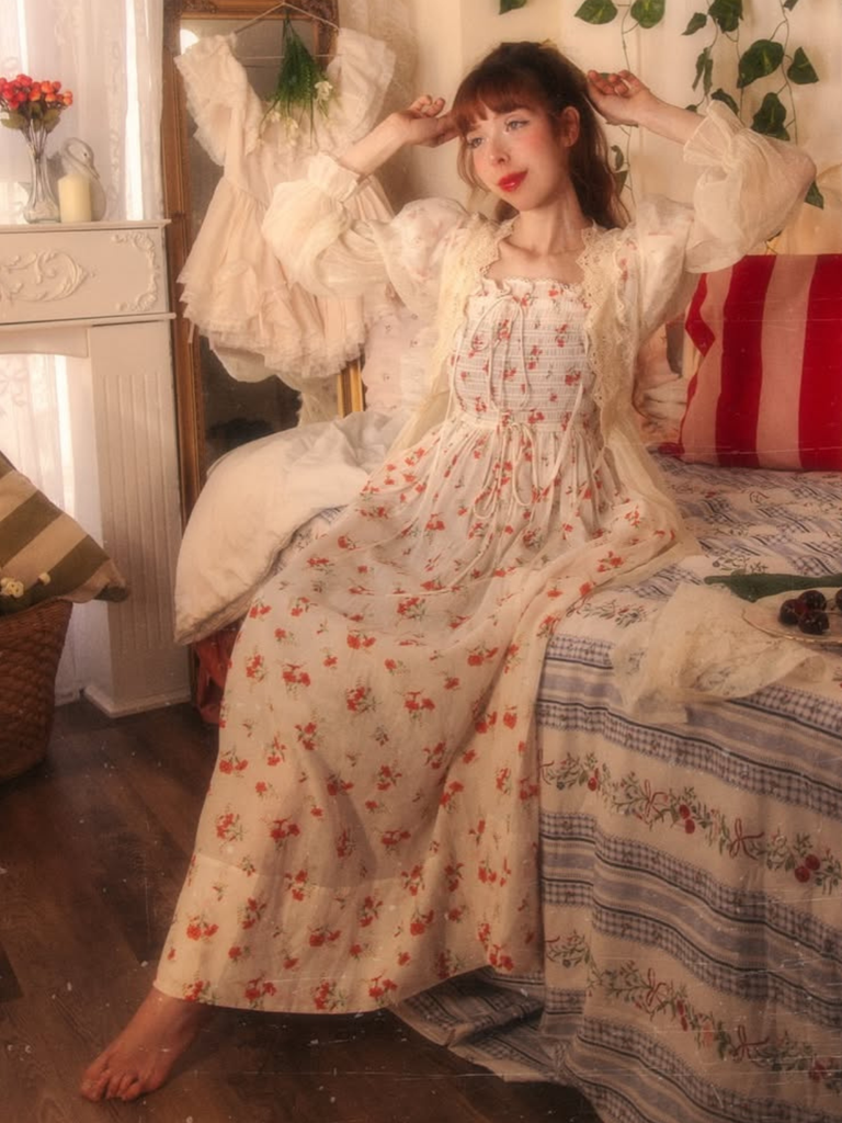 2PCS Chemise de nuit et peignoir fendus à bretelles florales abricot années 1950