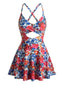 Robe de bain colorblock motif floral et découpes années 50