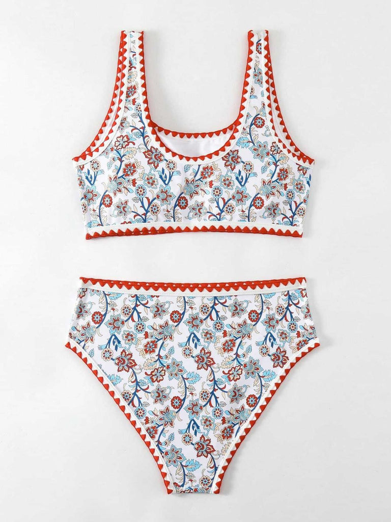 Ensemble Tankini Col U Floral Bordure Zigzag Rouge Années 1950 8