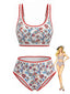 Ensemble tankini rouge motif floral et bordure zigzag col U années 50