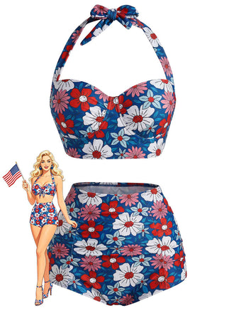 [Prévente] Florale Dos-Nu Ensemble Bikini Rouge & Bleu & Blanc Années 1950