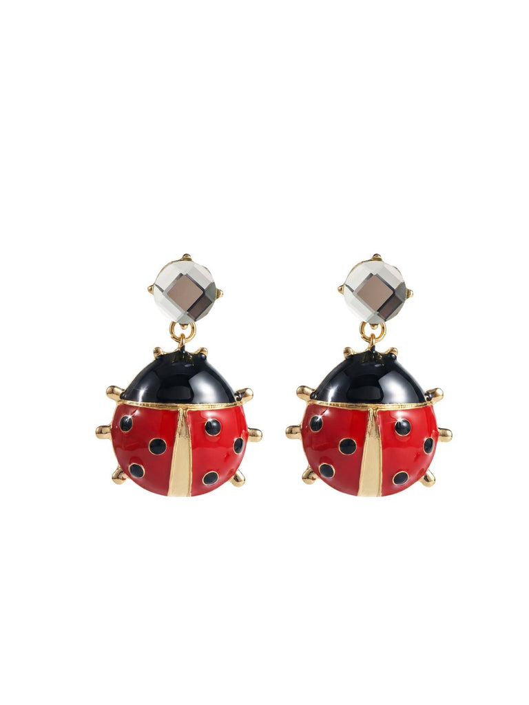 Boucles d'Oreilles Pendantes Coccinelle Cristal Doré Rouge