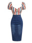 [Prévente] Robe crayon froncée jean rayé boutons forme d'étoile années 60