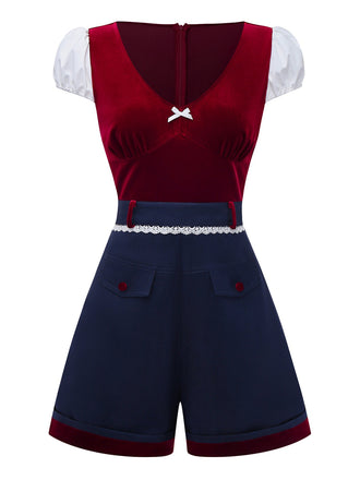 Red V-Neck Patchwork Romper