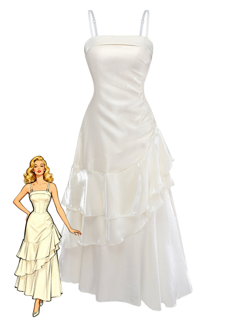 Robe Froncée à Bretelles Fines en Satin à Volants Étagés Blanche Années 1940
