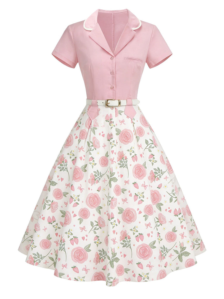 Robe Rose Col Revers Blocs de Couleur Années 1950