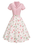 Robe Rose Col Revers Blocs de Couleur Années 1950