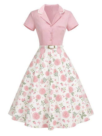Robe Rose Col Revers Blocs de Couleur Années 1950