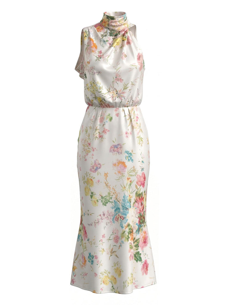 Robe Sirène Col Montant Floral Satin Aquarelle Années 1930