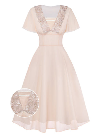 Robe de Soirée Champagne Dentelle Mousseline Volant 1950s