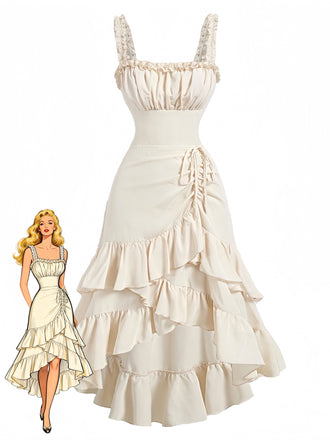 Robe à bretelles beige unie à ourlet volanté, style années 80, charme vintage, idéale pour les passionnées de mode vintage.