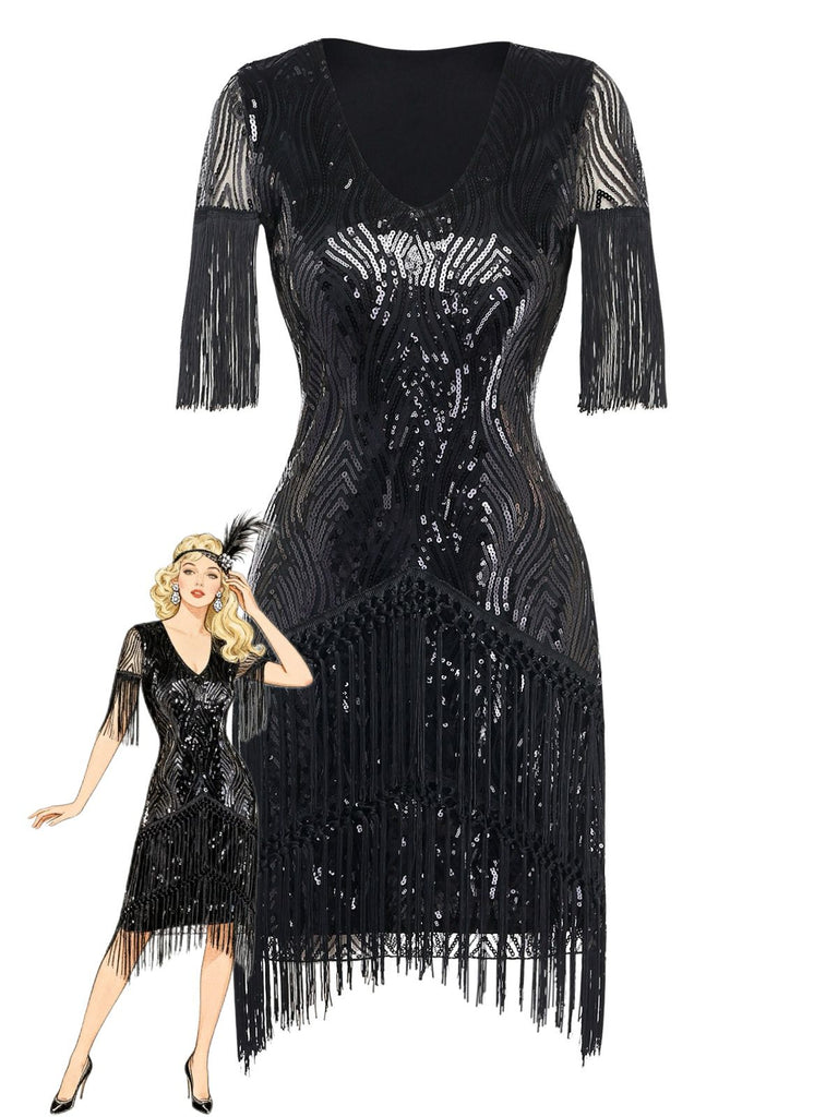 Une robe Charleston noire à sequins éblouissante, ornée de franges aux manches et à l'ourlet, inspirée de la mode des années 1920 et du film Gatsby le Magnifique.