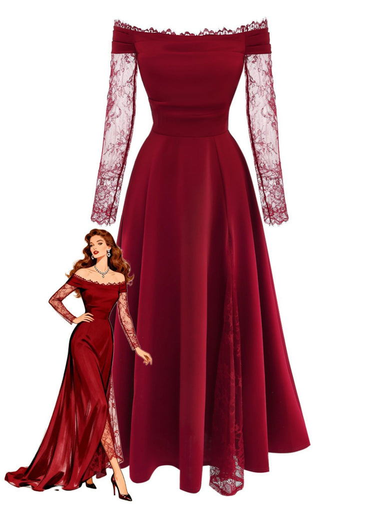 Robe bordeaux épaules dénudées manches longues en dentelle