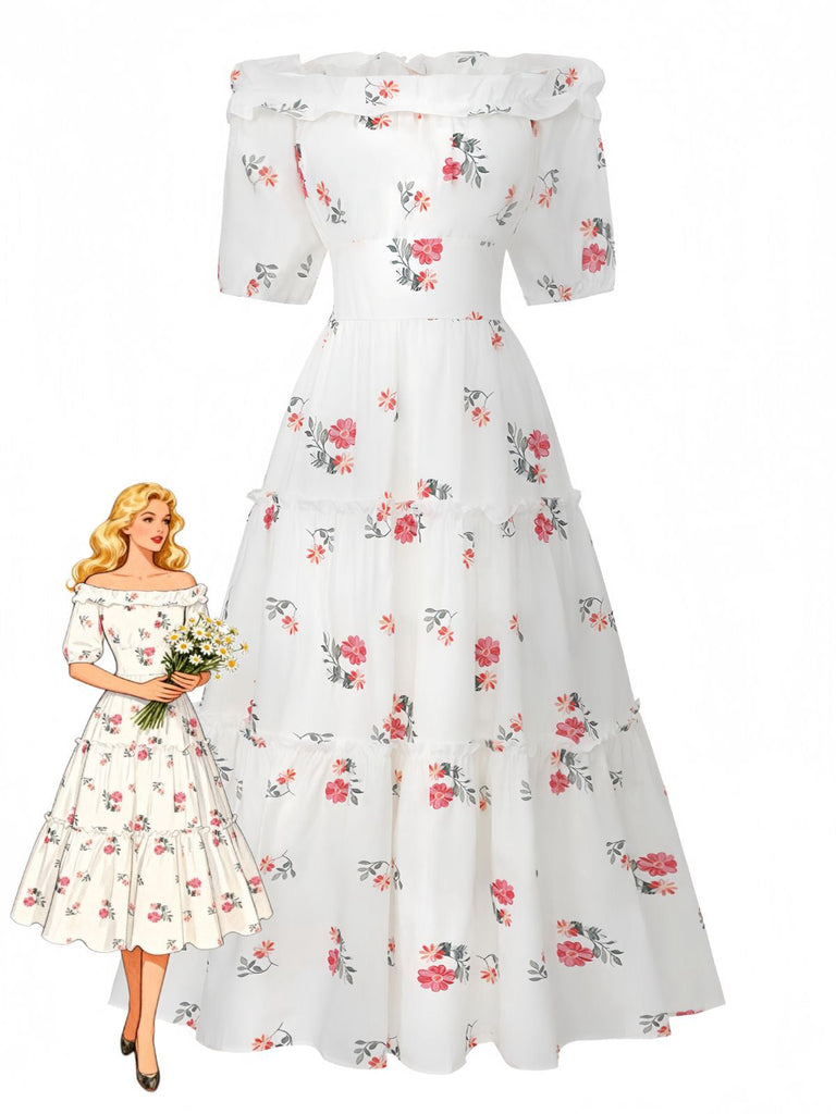 Robe bouffante blanche à volants et épaules dénudées, style années 1930 (vue de mannequin)