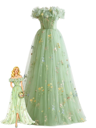 [Prévente] Robe bustier résille brodée fleurs verte années 30