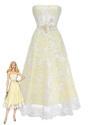 Une robe midi bustier jaune pâle ornée de délicates superpositions de dentelle florale blanche, présentée sur un mannequin avec une illustration stylisée.