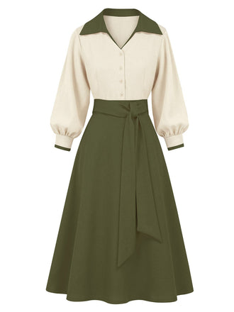 Tenue de style vintage avec chemisier crème et jupe verte sur fond blanc