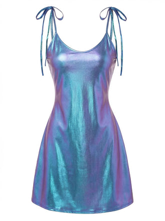 Blue 1970s Patent Leather Spaghetti Strap Mini Dress - vintage dress, retro fashion